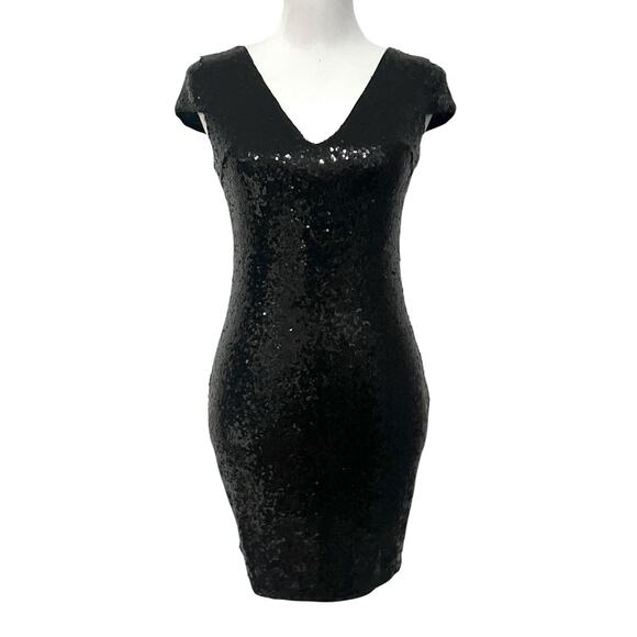 Verty Sequin Dress Black Mini Bodycon V-Neck Stretchy Party Evening Womens Small - Picture 1 of 9